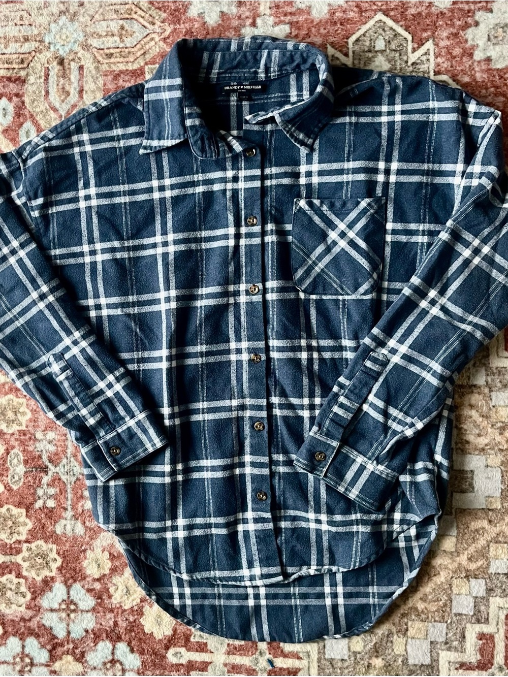Brandy Melville Navy Plaid Flannel Button-Up – One Size, Extended Back